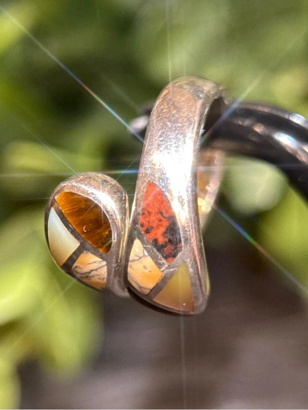 Sterling Silver 925 Multi-Stone Inlay Silver Wrap Ring - Brown, Tan, Cream Inlay